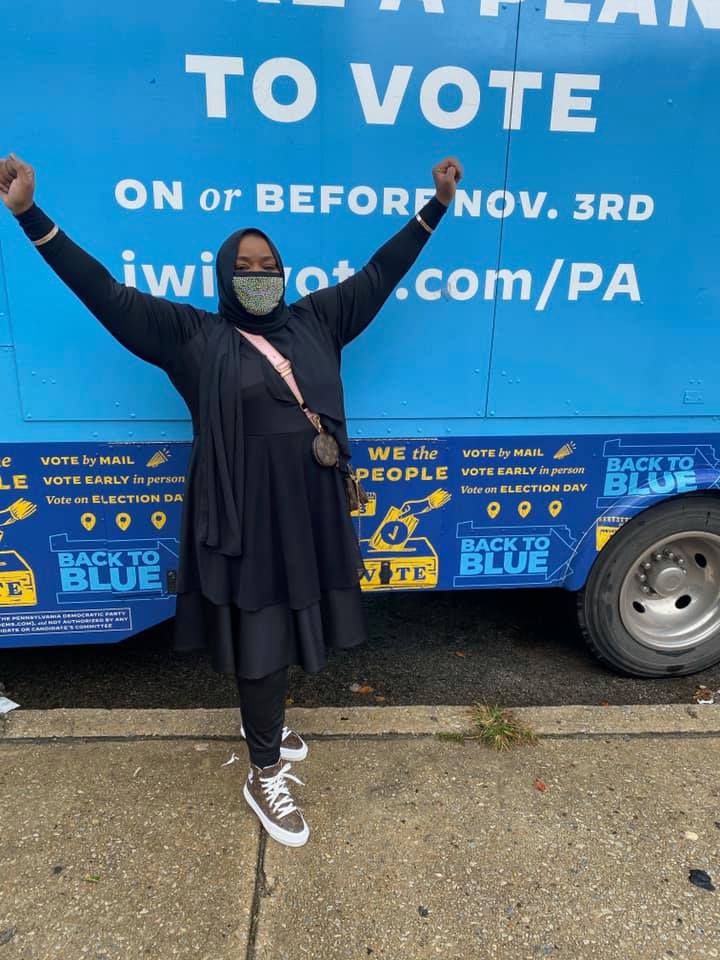 Salima Suswell participating in a GOTV rally in Pennsylvania